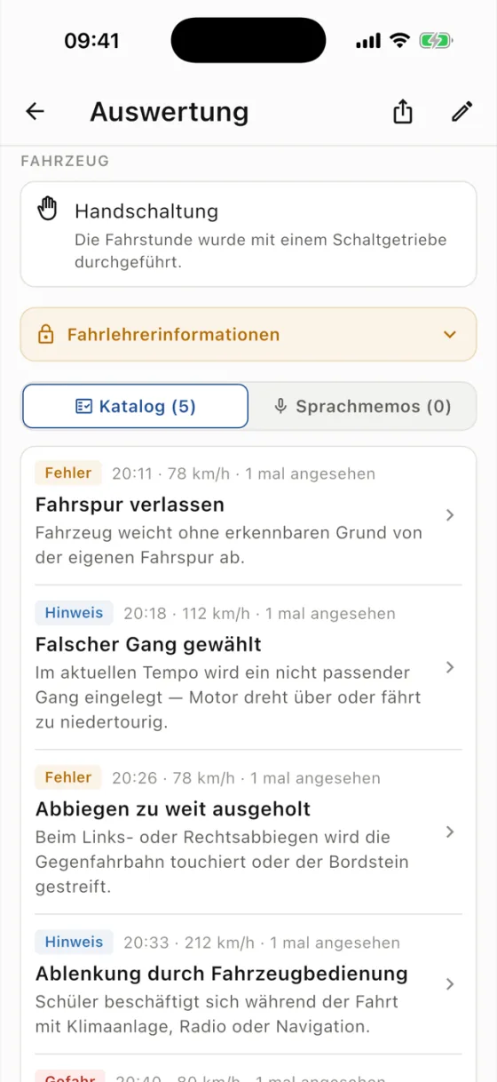 RoadReview Fehlerliste einer Fahrstunde mit Erklärungen und Schweregrad